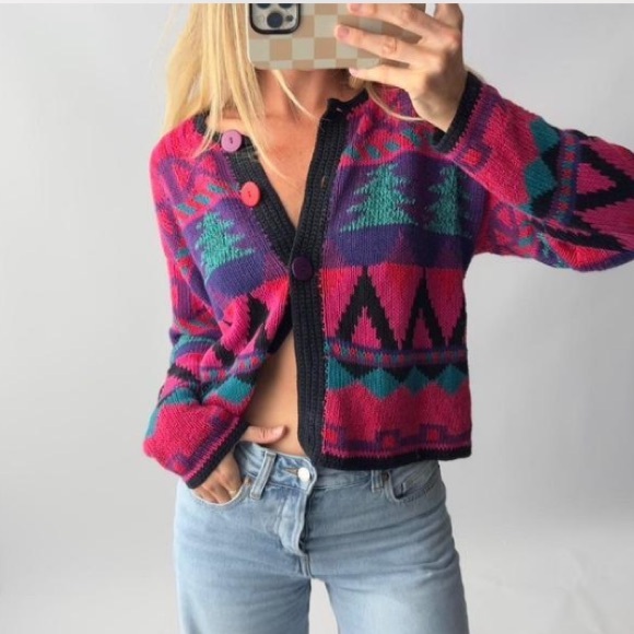 Vintage Sweaters - Vintage Pink and Green Patterned Cardigan